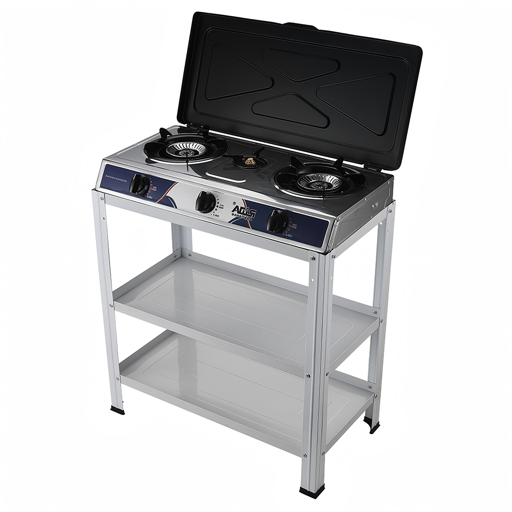 Two-Tier Shelves & Protective Lid 3 Burner Free Standing Stainless Iron Gas Stoves
