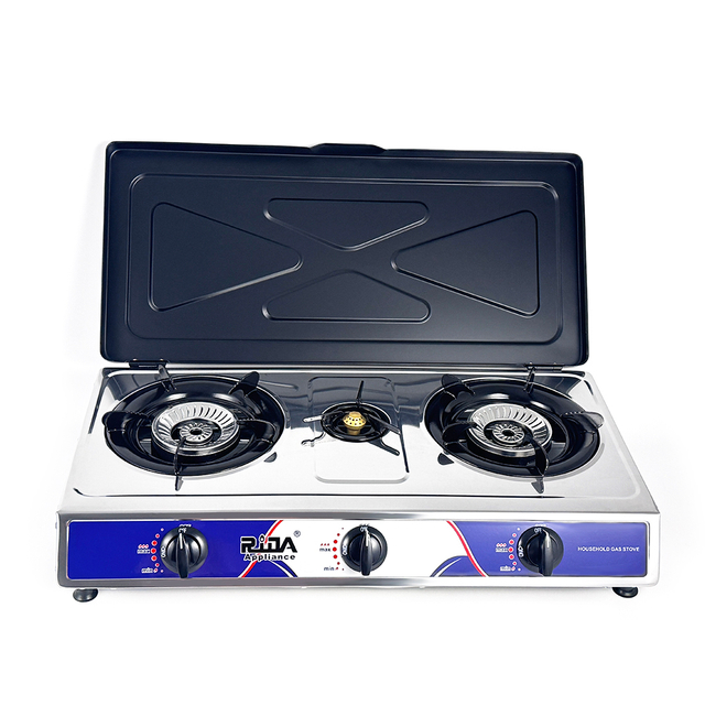 Two-Tier Shelves & Protective Lid 3 Burner Free Standing Stainless Iron Gas Stoves