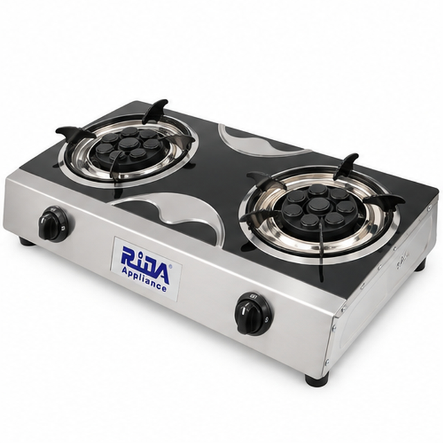 2 Burner Black Glass Tabletop Gas Stove with Multi-Port Burners