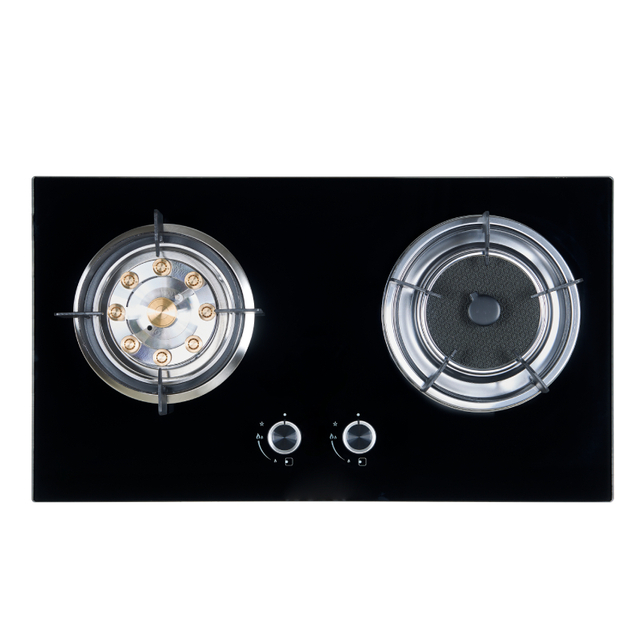 2 Burner Black Glass Built-in Gas Hob with Brass Multi-ring and Infrared Burner