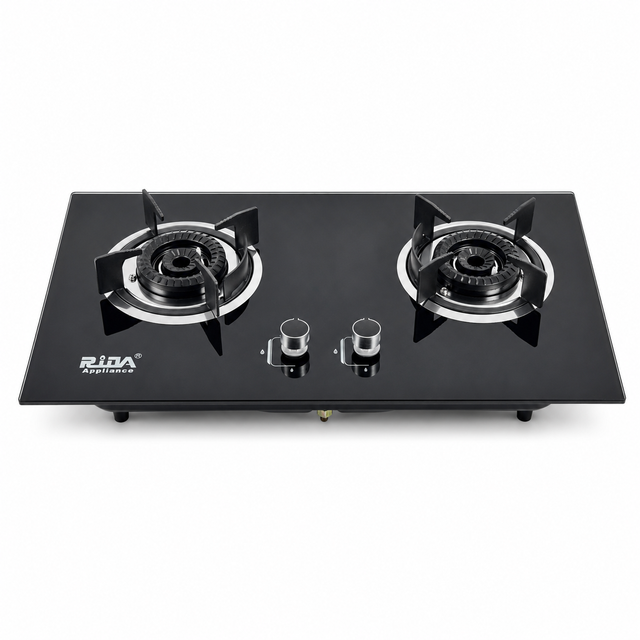2 Burner Black Glass Built-in Gas Hob with Cast Iron Pan Supports