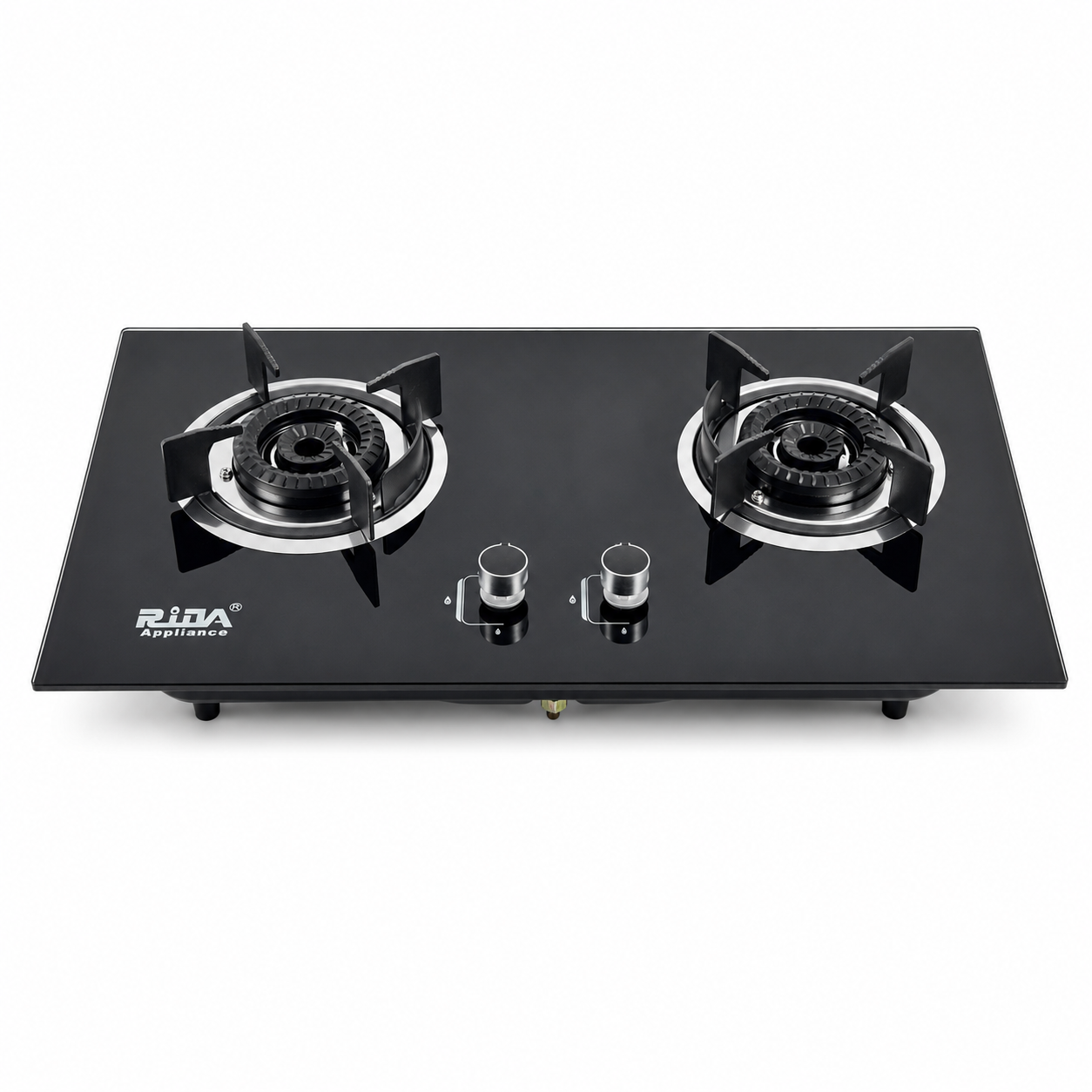 2 Burner Black Glass Built-in Gas Hob with Cast Iron Pan Supports