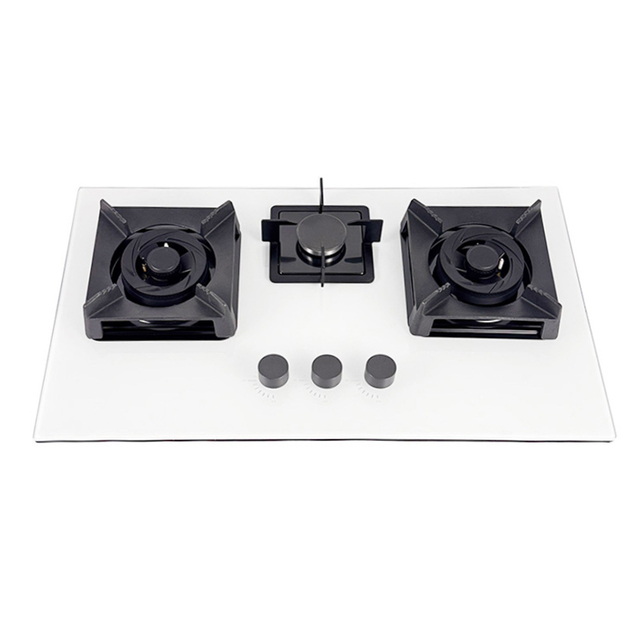 Built-in 3 Burner White Tempered Glass Gas Hob with Cast Iron Pan Supports