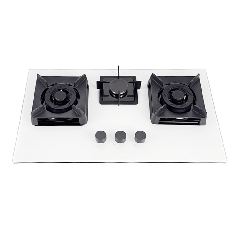 Built-in 3 Burner White Tempered Glass Gas Hob with Cast Iron Pan Supports