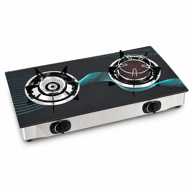 2 Burner Tempered Glass Tabletop Gas Stove with Infrared Burner and Open Flame Burner