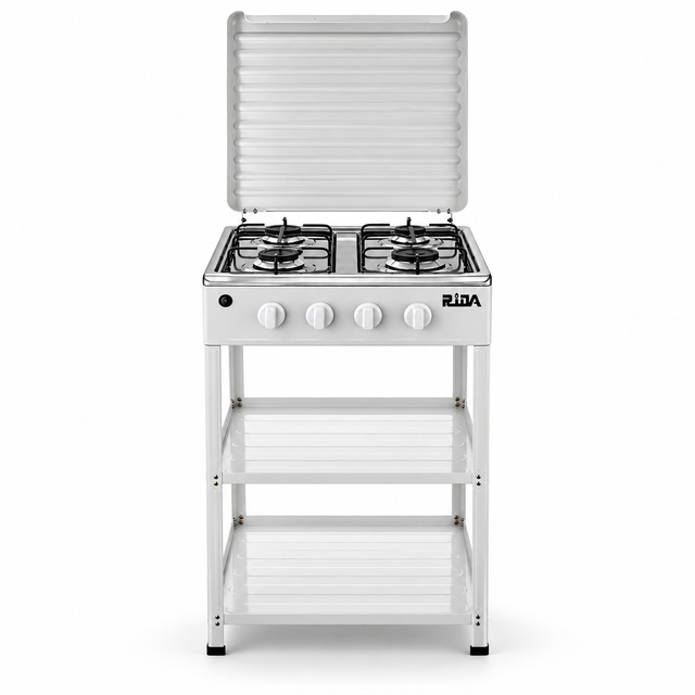 White 4 Burner Freestanding Gas Stove with Cover and Double Shelves