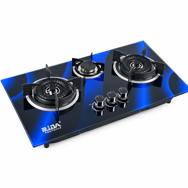 3 Burner Blue Tempered Glass Built-in Gas Hob with Dual Large Burners