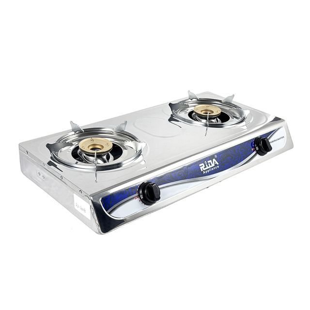 2 Burner Stainless Steel Tabletop Gas Stove with Brass Burner Caps