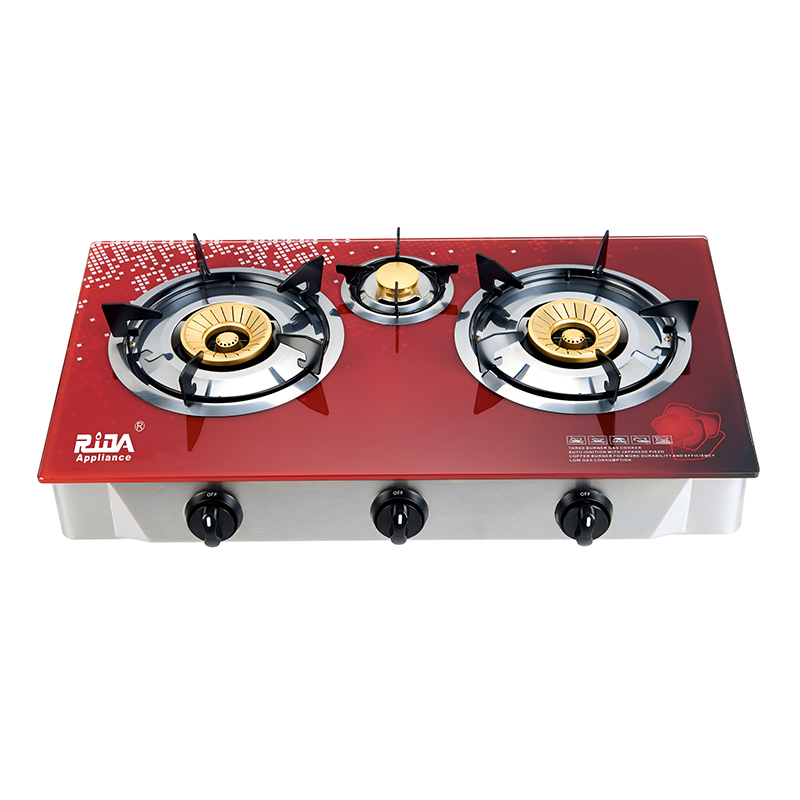 3 Burner Tempered Glass Tabletop Gas Stove with Double Gun Burners