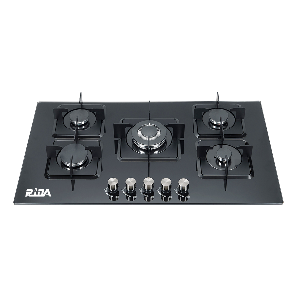 5 Burner Black Tempered Glass Built-in Gas Hob with Big Centre Burner