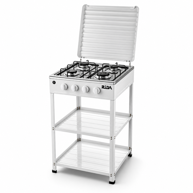White 4 Burner Freestanding Gas Stove with Cover and Double Shelves