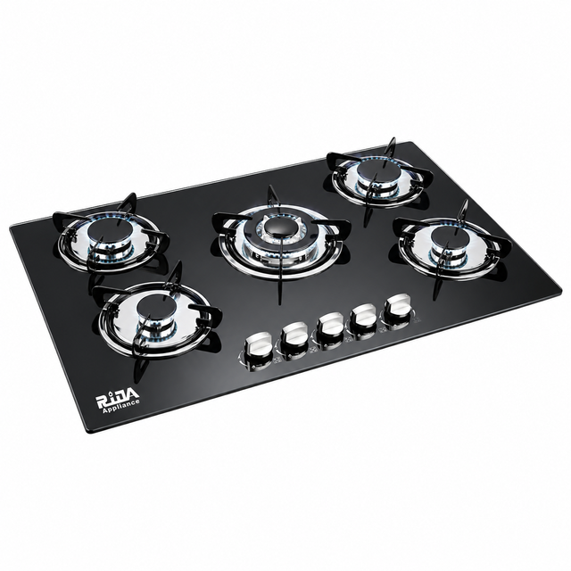 5 Burner Black Glass Built-in Gas Cooktop with Powerful Center Burner