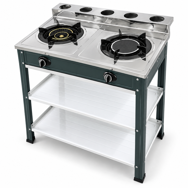 2 Burner Freestanding Gas Stove with Double Storage Shelves