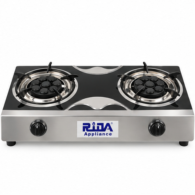 2 Burner Black Glass Tabletop Gas Stove with Multi-Port Burners