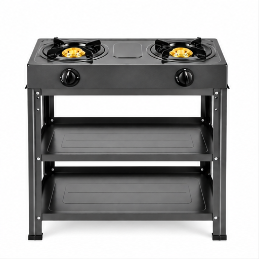 Double Brass Burner Gas Cooker with Freestanding Storage Stand