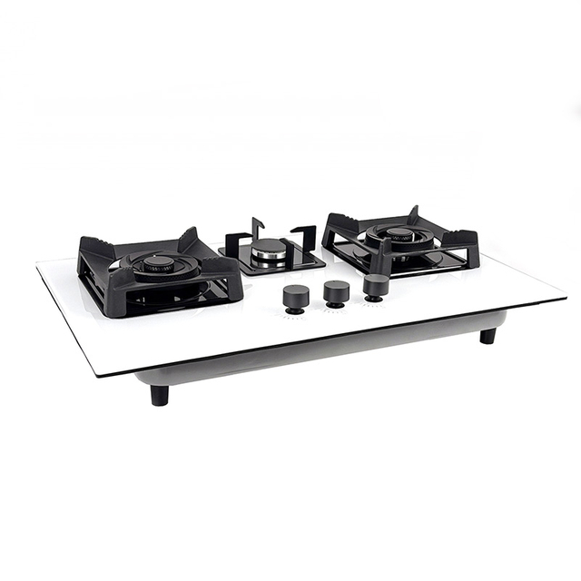 Built-in 3 Burner White Tempered Glass Gas Hob with Cast Iron Pan Supports