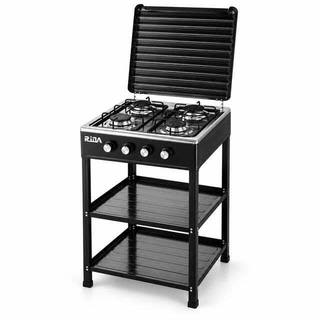 4 Burner Freestanding Gas Stove with Cover and Double Storage Shelves