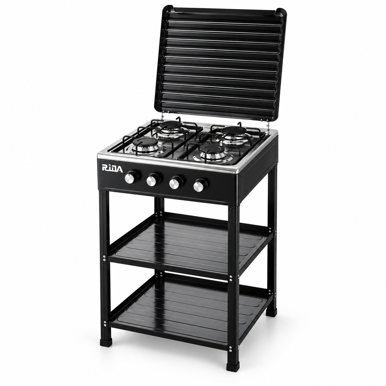 4 Burner Freestanding Gas Stove with Cover and Double Storage Shelves