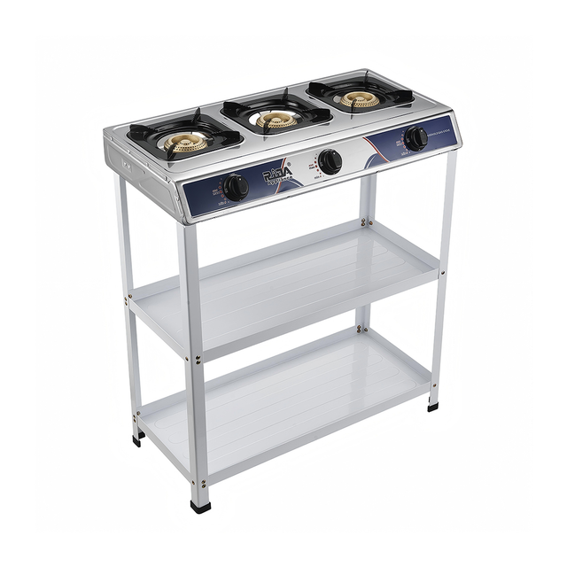 3 Burner Freestanding Gas Stove with Double Storage Shelves