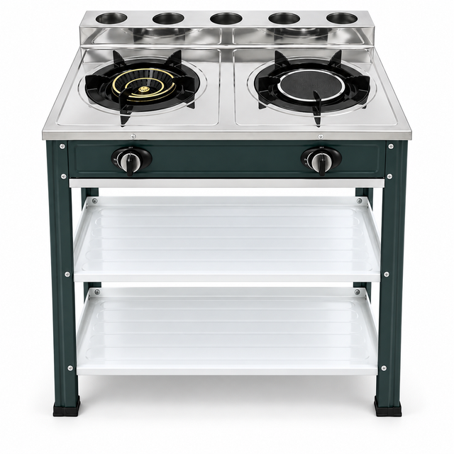 2 Burner Freestanding Gas Stove with Double Storage Shelves