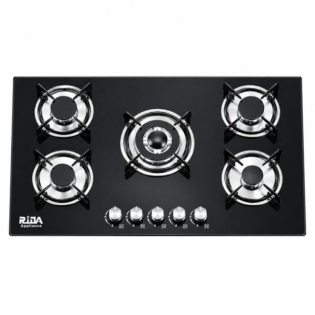 5 Burner Black Glass Built-in Gas Cooktop with Powerful Center Burner