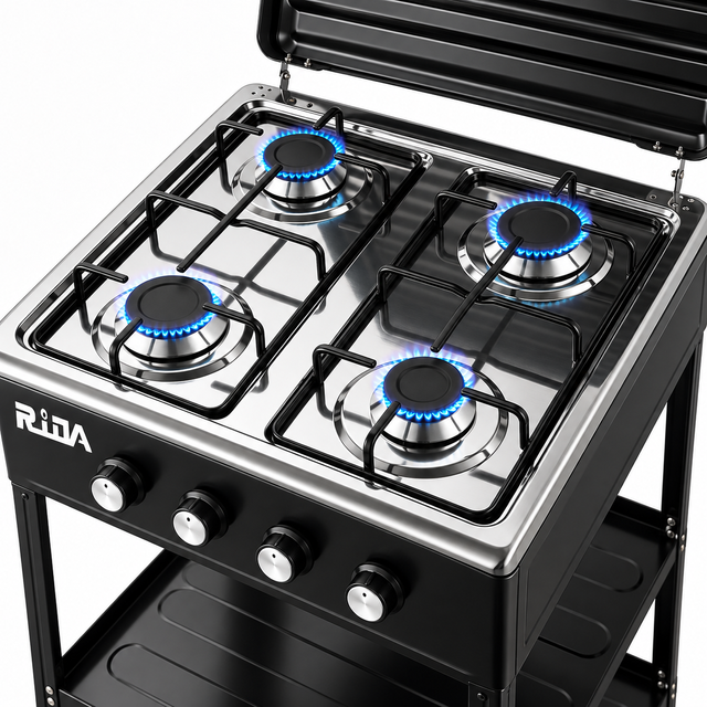 4 Burner Freestanding Gas Stove with Cover and Double Storage Shelves