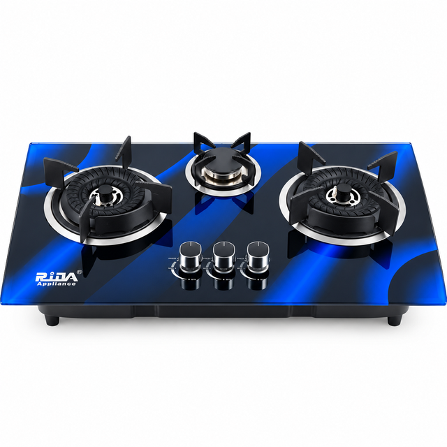 3 Burner Blue Tempered Glass Built-in Gas Hob with Dual Large Burners