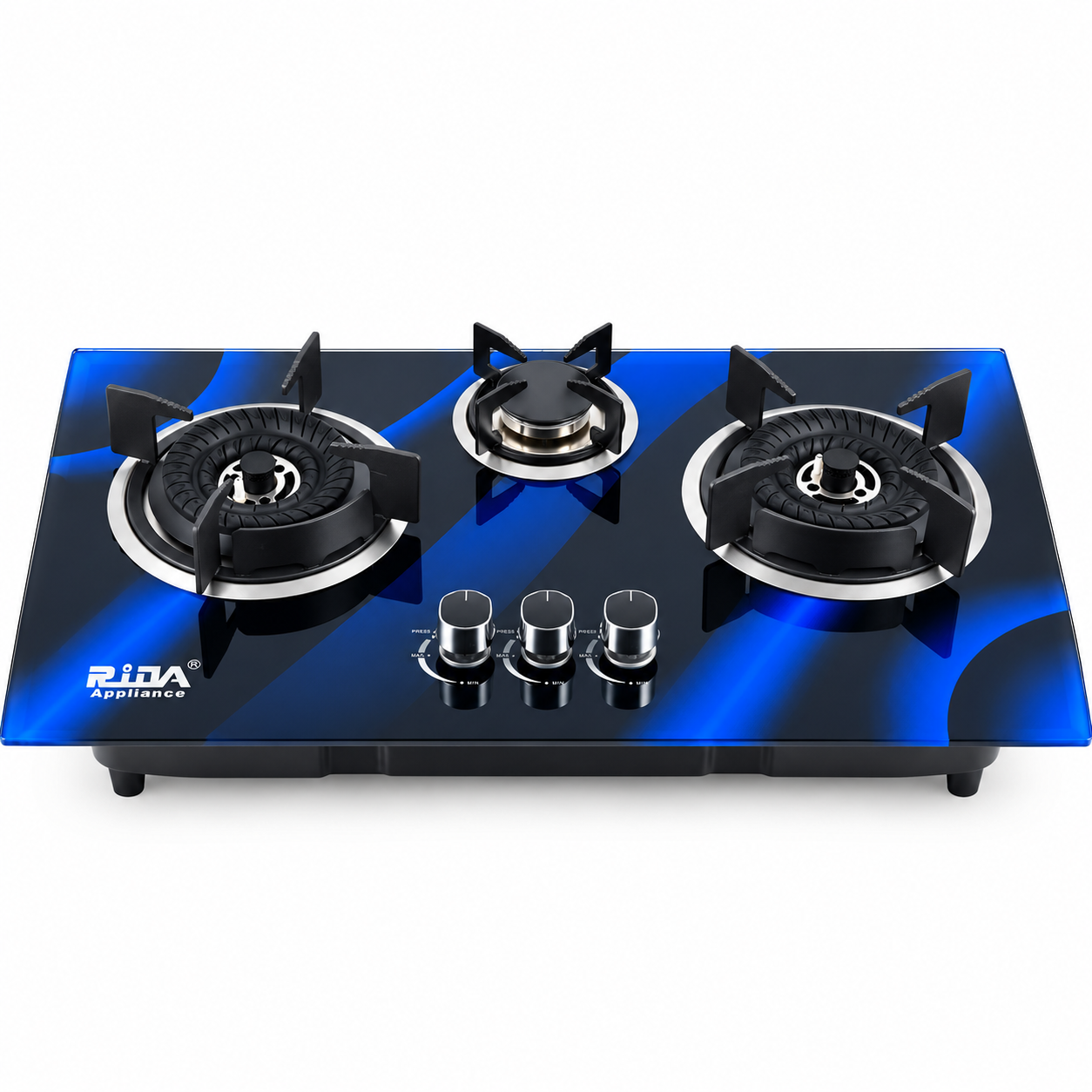 3 Burner Blue Tempered Glass Built-in Gas Hob with Dual Large Burners