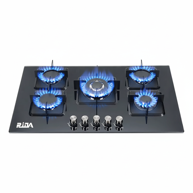 5 Burner Black Tempered Glass Built-in Gas Hob with Big Centre Burner