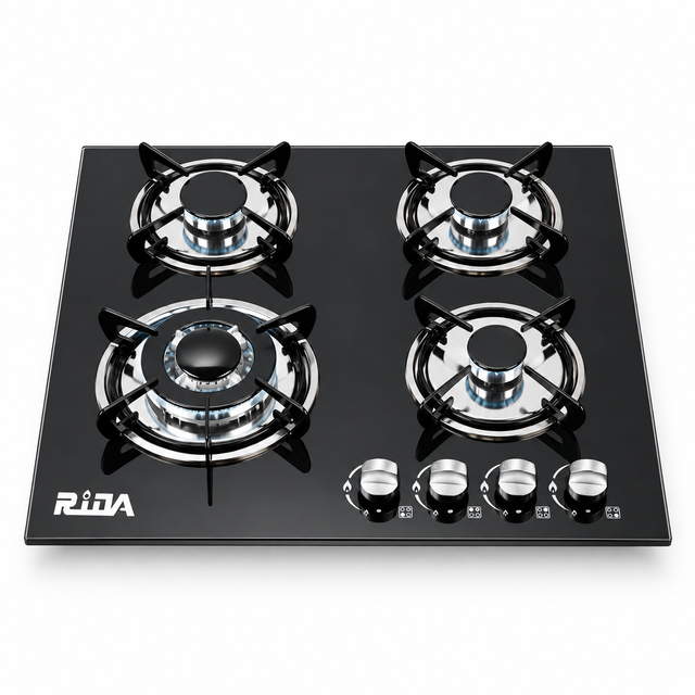 4 Burner Black Tempered Glass Built-in Gas Hob with Large Wok Burner
