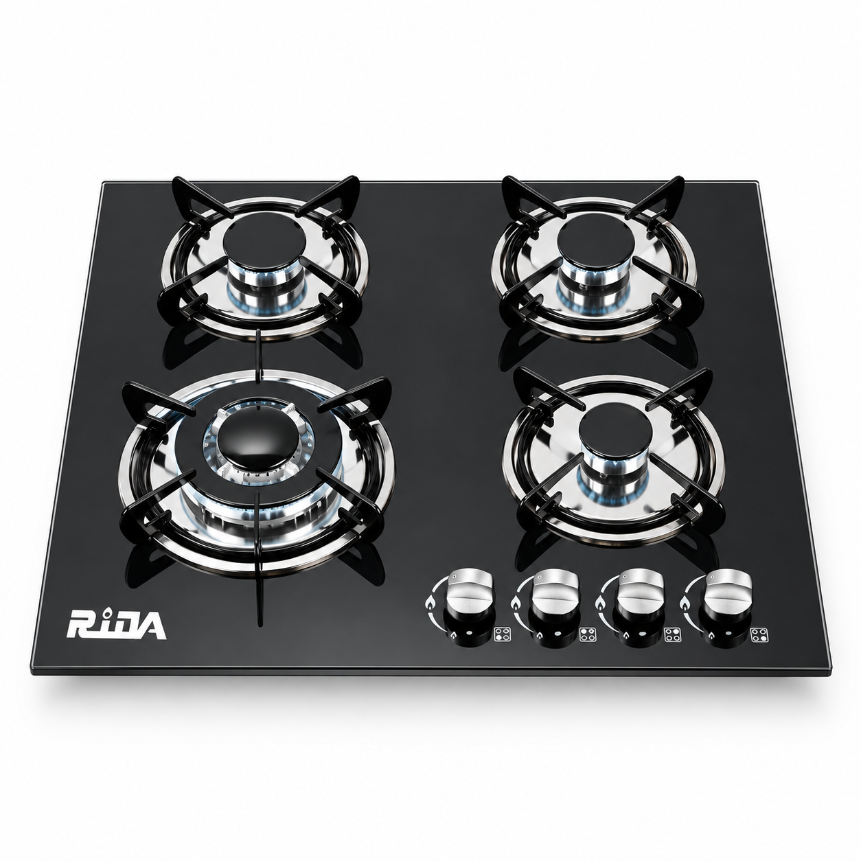 4 Burner Black Tempered Glass Built-in Gas Hob with Large Wok Burner