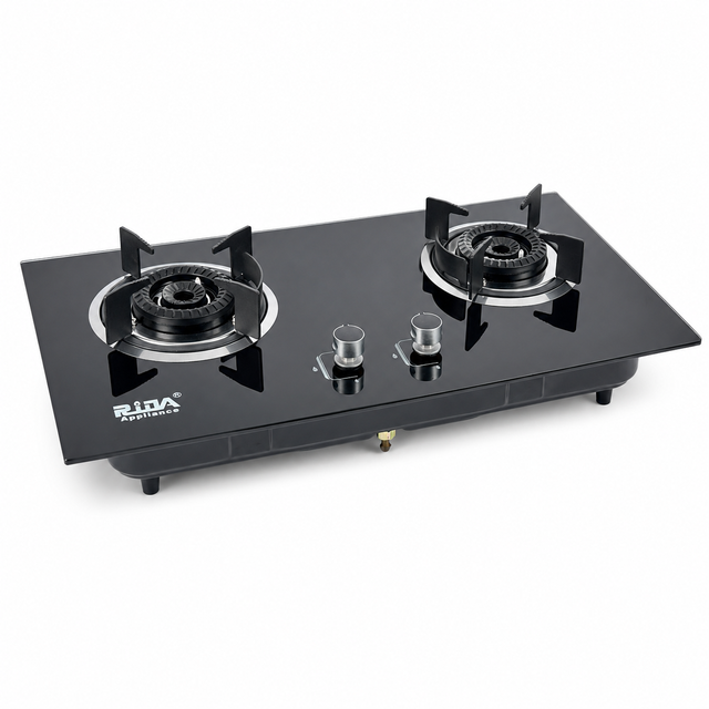 2 Burner Black Glass Built-in Gas Hob with Cast Iron Pan Supports