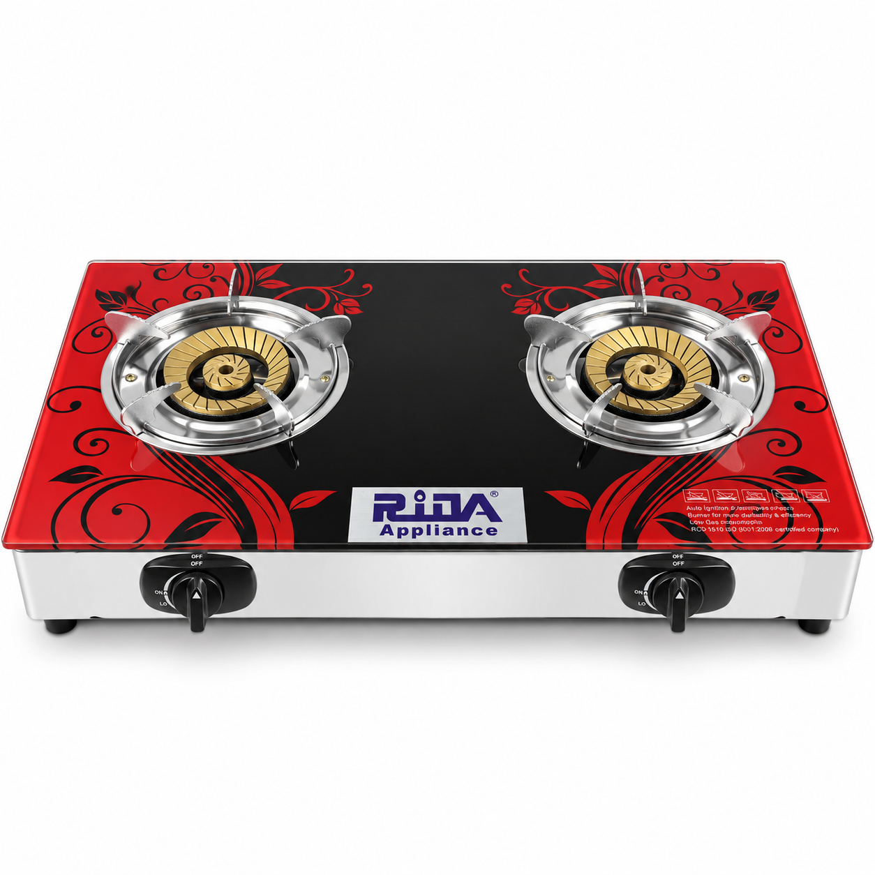 2 Burner Red Pattern Glass Top Tabletop Gas Stove