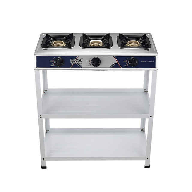3 Burner Freestanding Gas Stove with Double Storage Shelves
