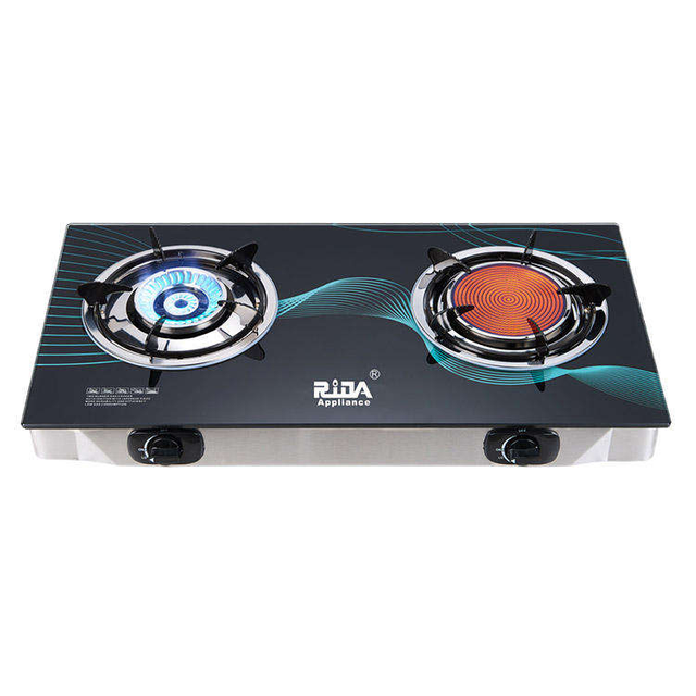 2 Burner Tempered Glass Tabletop Gas Stove with Infrared Burner and Open Flame Burner