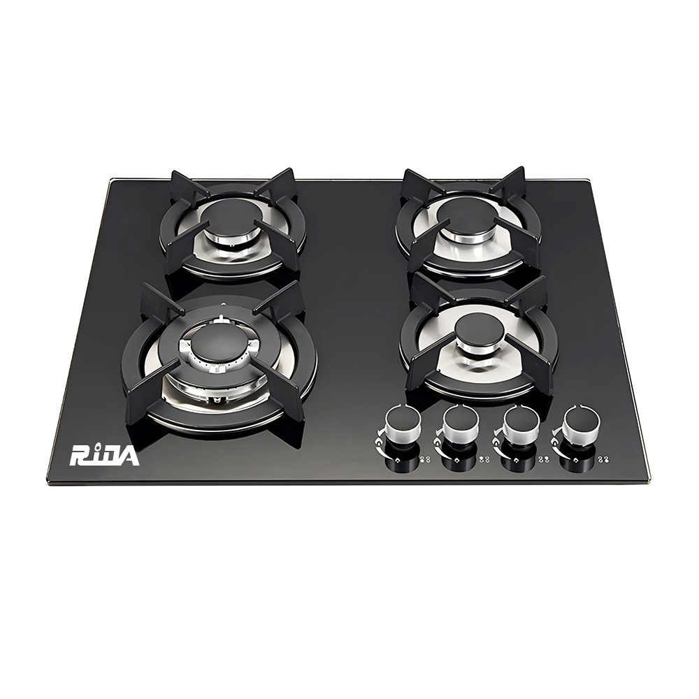 4 Burner Black Tempered Glass Built-in Gas Hob with Cast Iron Pan Supports