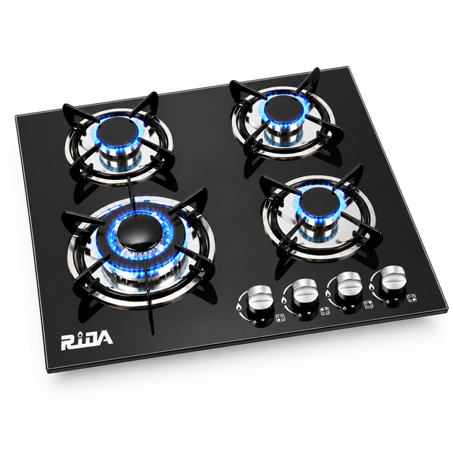 4 Burner Black Tempered Glass Built-in Gas Hob with Large Wok Burner