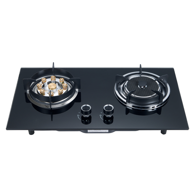 2 Burner Black Glass Built-in Gas Hob with Brass Multi-ring and Infrared Burner