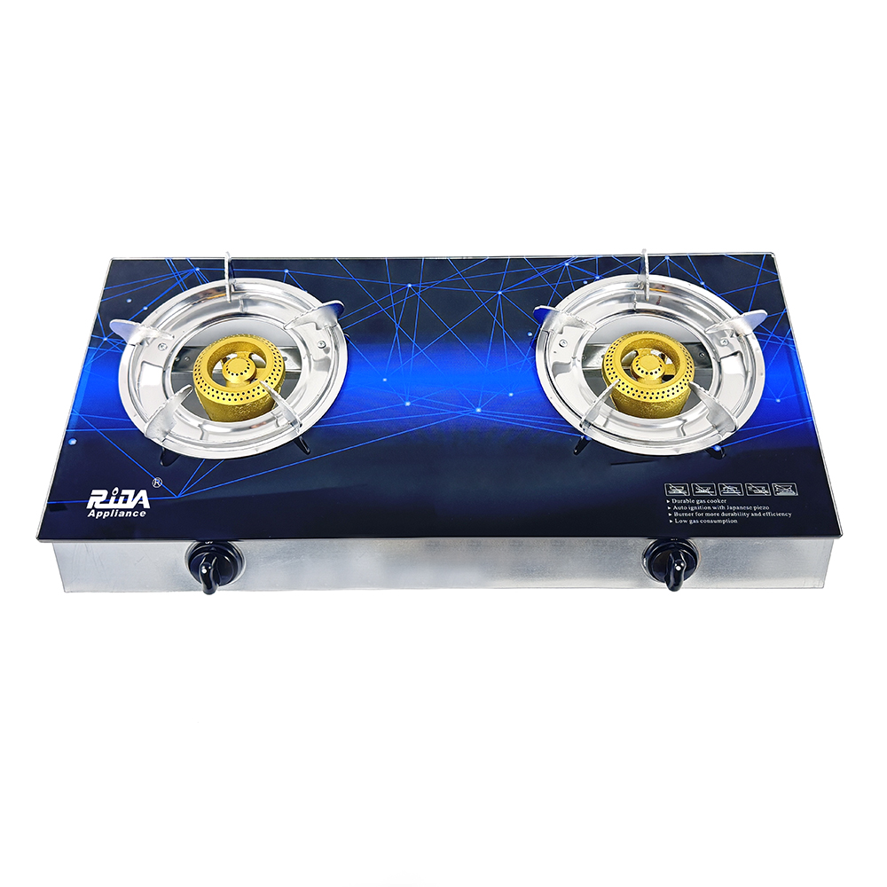 2 Burner Tempered Glass Tabletop Gas Stove with Brass Honeycomb Burners