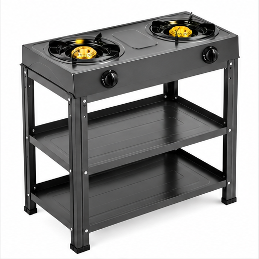 Double Brass Burner Gas Cooker with Freestanding Storage Stand