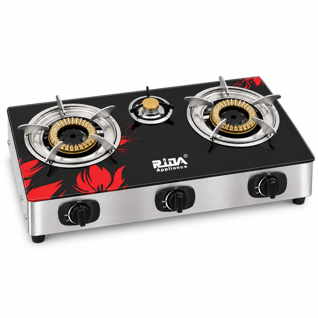 3 Burner Black Glass Tabletop Gas Stove with High Power Burners